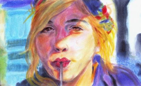 Close up of a girl drinking through a straw done in soft and colorful pastels.